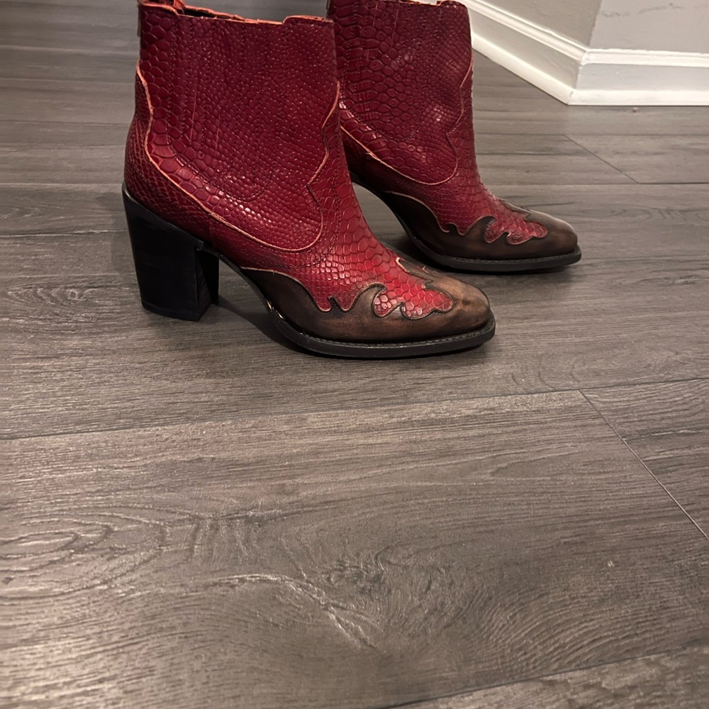 Red and Brown Heeled Boots with Textured Leather